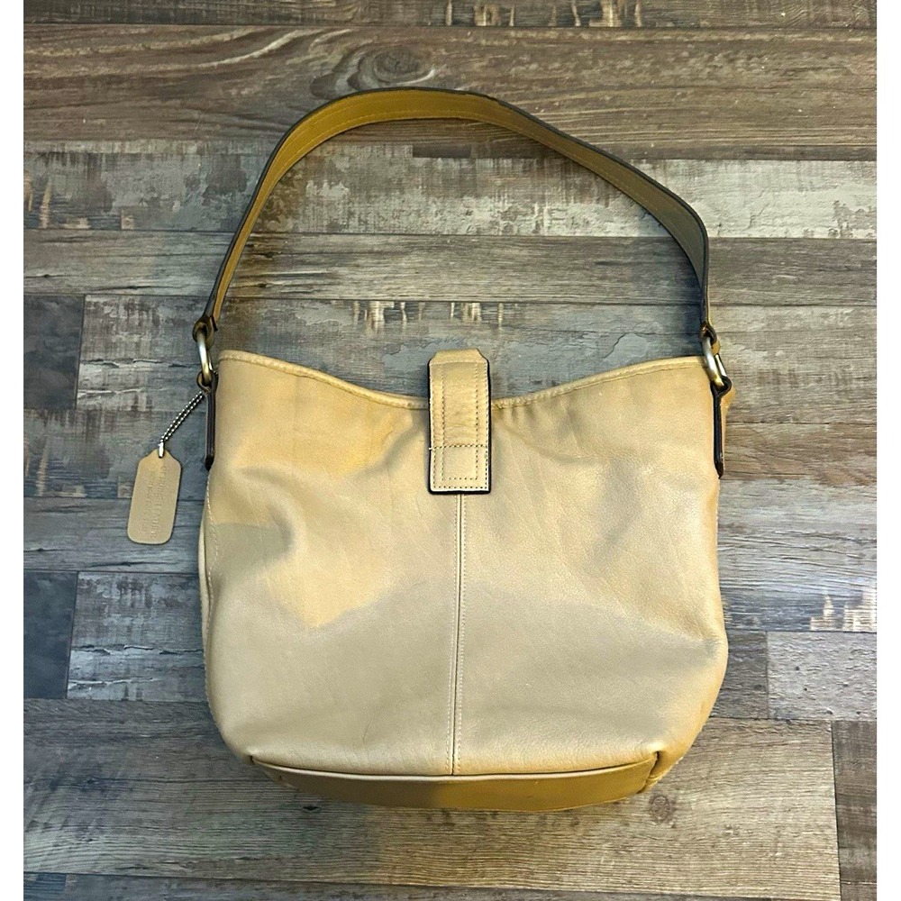 Women's Beige Genuine Leather Shoulder Bag, Zip Closure, Brown Strap, Pockets